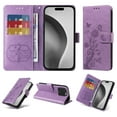 thumbnail image 1 of Compatible with iPhone 15 Pro Wallet Case with Card Holder & Cash Slot [RFID Blocking],Wallet Wristlet Pressed Butterfly Flower PU Leather Magnetic Flip Folio Cover for Women Men,Purple, 1 of 10