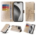 thumbnail image 1 of Compatible with iPhone 15 Pro Wallet Case with Card Holder & Cash Slot [RFID Blocking],Wallet Wristlet Pressed Butterfly Flower PU Leather Magnetic Flip Folio Cover for Women Men,Gold, 1 of 10