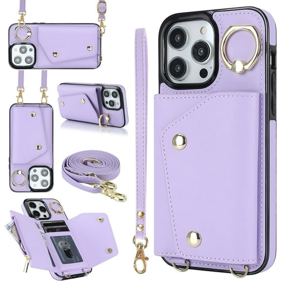 Compatible with iPhone 15 Pro Wallet Case with Card Holder Crossbody Neck Strap Lanyard Wrist Strap Purse for Women PU Leather Flip Case with Credit Card Kickstand Stand Case Purple