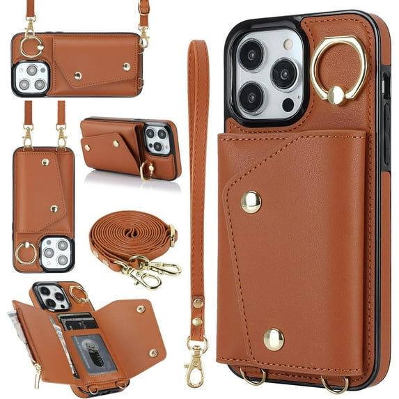 Compatible with iPhone 15 Pro Wallet Case with Card Holder Crossbody Neck Strap Lanyard Wrist Strap Purse for Women PU Leather Flip Case with Credit Card Kickstand Stand Case Brown