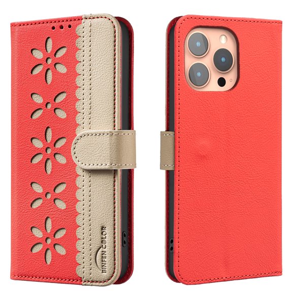 Compatible with iPhone 15 Pro Wallet Case with Card Holder, Premium PU Leather Floral Design Flip Cover with Kickstand Magnetic Closure, RFID Blocking Phone Case for iPhone 15 Pro, Red