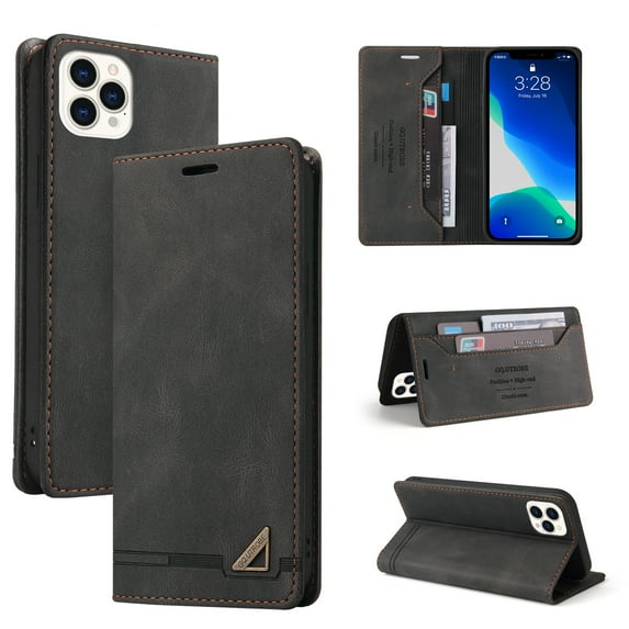 Compatible with iPhone 15 Pro Wallet Case with Card Holder,Women Men RFID Blocking PU Leather Vintage Folio Kickstand Flip Retro TPU Protective Credit Card Slots Phone Case,Black