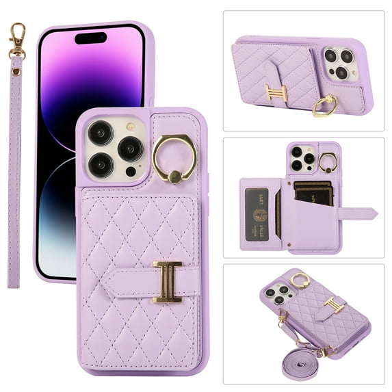 Compatible with iPhone 15 Pro Wallet Case, Crossbody PU Leather Detachable Adjustable Strap Wristlet with Card Holder Magnetic Clasp Kickstand Finger Ring Case for iPhone 15 Pro, Purple