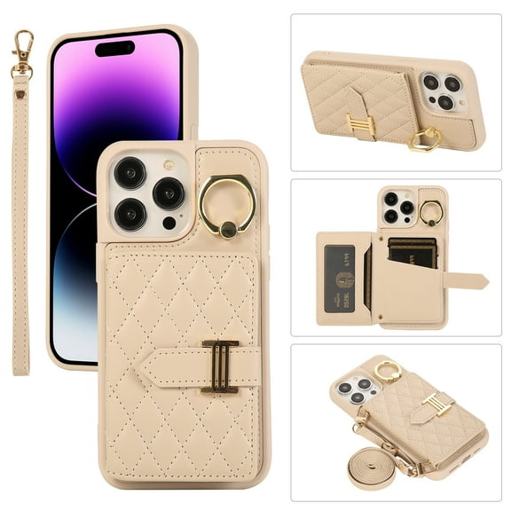 Compatible with iPhone 15 Pro Wallet Case, Crossbody PU Leather Detachable Adjustable Strap Wristlet with Card Holder Magnetic Clasp Kickstand Finger Ring Case for iPhone 15 Pro, Beige