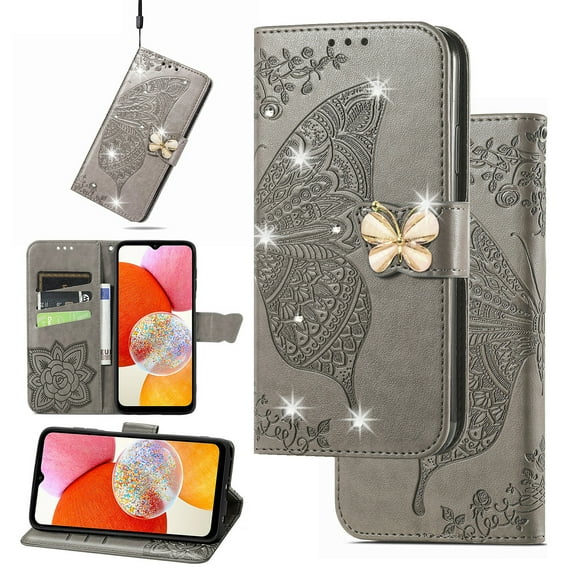 Compatible with iPhone 15 Pro Wallet Case, [Kickstand Feature][Wrist Strap][Card Slots][3D Bling Rhinestone Emboss Butterfly] Leather Magnetic Flip Case for Apple iPhone 15 Pro, Gray