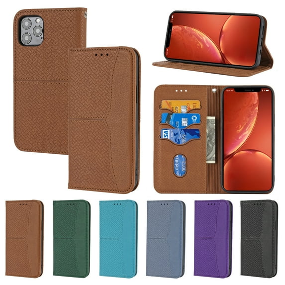 Compatible With iPhone 15 Pro Wallet Case Magnetic Closure Soft TPU Woven Pattern Design Multi-angle Kickstand Shock-absorbent Lightweight Solid Color Plain Phone Cover,Brown