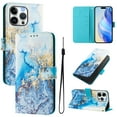 thumbnail image 1 of Compatible for iPhone 15 Pro Wallet Case, Painting Pattern Premium PU Leather [Credit Card Holder] [Wrist Strap] Flip Stand Feature Purse Case Full Protective Pattern Phone Cover, Blue Marble, 1 of 17