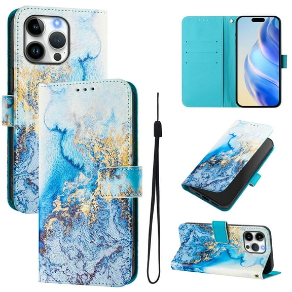 Compatible for iPhone 15 Pro Wallet Case, Painting Pattern Premium PU Leather [Credit Card Holder] [Wrist Strap] Flip Stand Feature Purse Case Full Protective Pattern Phone Cover, Blue Marble