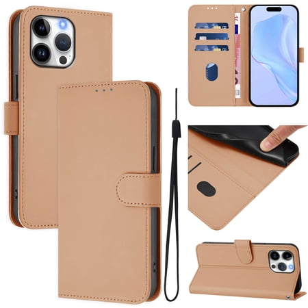 Compatible with iPhone 15 Pro Wallet Case with RFID Blocking Credit Card Holder, PU Leather Folio Flip Kickstand Protective Shockproof Anti-fall Phone Case Cover Women Men,Nude