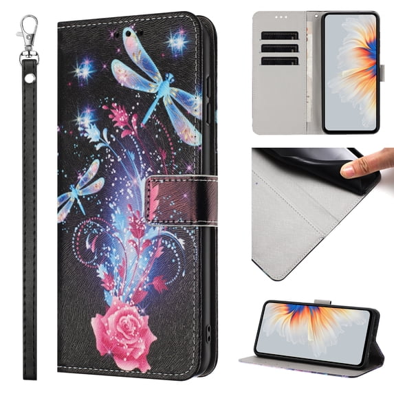 Compatible with iPhone 15 Pro Wallet Case for Women Girls, Garden Flower Pattern Design PU Leather Flip Cover with Card Holder Kickstand Wrist Strap Protective Phone Case, Dragonfly