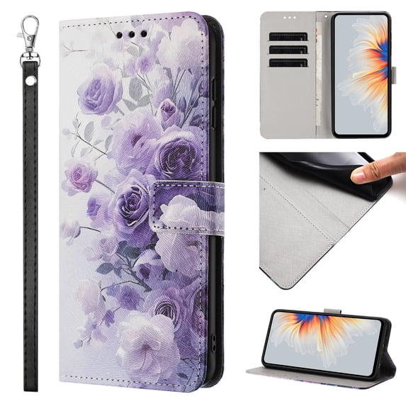 Compatible with iPhone 15 Pro Wallet Case for Women Girls, Garden Flower Pattern Design PU Leather Flip Cover with Card Holder Kickstand Wrist Strap Protective Phone Case, Purple Flower