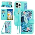 thumbnail image 1 of Compatible with iPhone 15 Pro Wallet Case for Women, Shoulder Strap + Wristband Premium PU Leather Floral Flip Cover with Card Holder Kickstand Feature Protective Purse Case, Green, 1 of 8