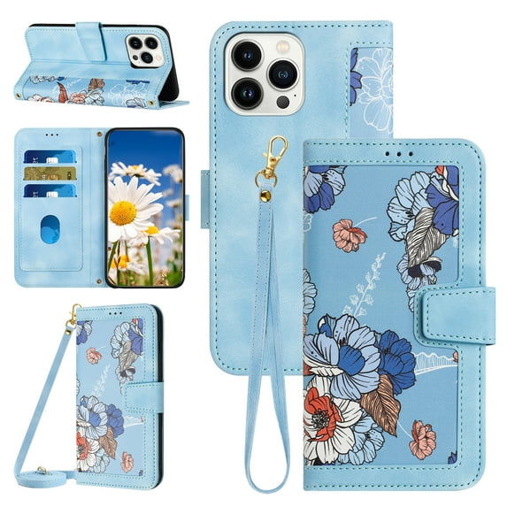 Compatible with iPhone 15 Pro Wallet Case for Women, Shoulder Strap + Wristband Premium PU Leather Floral Flip Cover with Card Holder Kickstand Feature Protective Purse Case, Blue