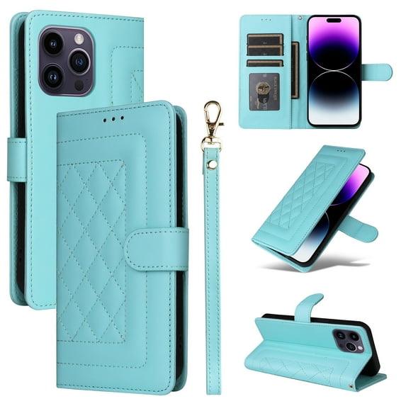 Compatible with iPhone 15 Pro Wallet Flip Case, Durable Soft TPU + PU Leather 3 Card Slots and 1 Cash Pocket Wrist Strap Magnetic Kickstand Elegant Case for iPhone 15 Pro, Mint