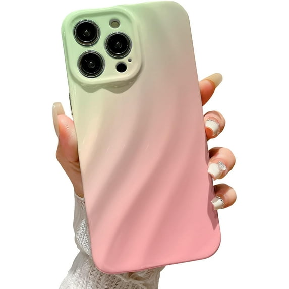 Compatible with iPhone 15 Pro Water Ripple Case, Cute Gradient Color Aesthetic Wave Shape Soft Camera Protective Phone case for iPhone 15 Pro Women Girls Green Pink