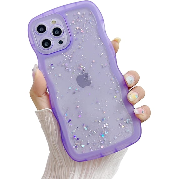 Compatible with iPhone 15 Pro Wavy Edge Shiny Stars Clear Cute Phone Case for Women Girls All-Around Soft TPU Anti-Collision Anti-Shock Phone Case for iPhone 15 Pro-Purple