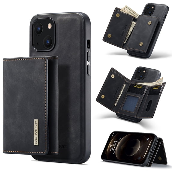 Compatible with iPhone 15 Removable 2 in 1 Wallet Case,Retro Premium PU Leather Cell Phone Back Cover Magnetic Detachable with Trifold Wallet Credit Card Cash Holder Kickstand Case,Black