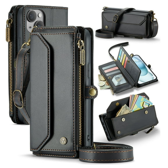 Compatible with iPhone 15 Rugged PU Leather Wallet Case, Card Slots Zipper Pocket Lanyard Crossbody Strap Kickstand RFID Blocking Full Body Protection Cover for iPhone 15, Black