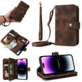 thumbnail image 1 of Compatible with iPhone 15 Wallet Case, [6 Card Slots] Removable Adjustable Crossbody Necklace Lanyard Shoulder Strap Zipper PU Leather Case for iPhone 15, Brown, 1 of 7