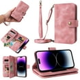 thumbnail image 1 of Compatible with iPhone 15 Wallet Case, [6 Card Slots] Removable Adjustable Crossbody Necklace Lanyard Shoulder Strap Zipper PU Leather Case for iPhone 15, Rosegold, 1 of 7
