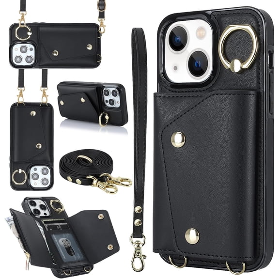 Compatible with iPhone 15 Wallet Case with Card Holder Crossbody Neck Strap Lanyard Wrist Strap Purse for Women PU Leather Flip Case with Credit Card Kickstand Stand Case Black