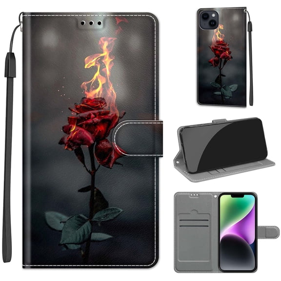 Compatible with iPhone 15 Wallet Case with Card Holder, Flip Pattern Painted PU Leather Kickstand Wrist Strap Shockproof Phone Case for iPhone 15, Fire Rose