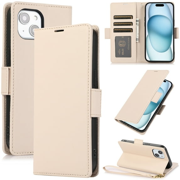 Compatible with iPhone 15 Wallet Case with Credit Card Holder & Cash Slot, RFID Blocking Durable PU Leather Flip Magnetic Protective Stand Cover Wrist Strap Women Men,Apricot