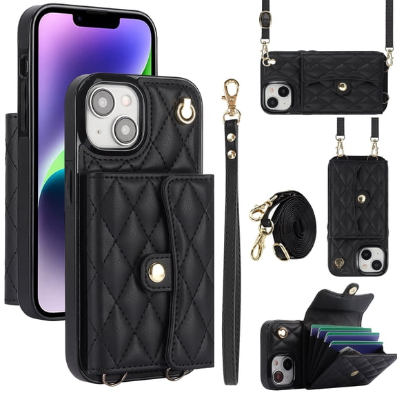 Compatible with iPhone 15 Wallet Case with Crossbody Strap and Wrist Strap, RFID Blocking Stand PU Leather Credit Card Holder Cell Accessories Phone Cover Magnetic Buckle - Black