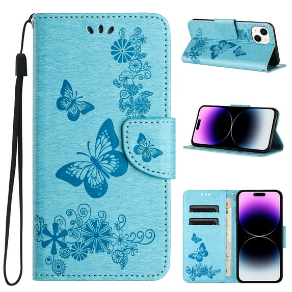 Compatible With iPhone 15 Wallet Case Full Coverage 360° Protection Dustproof Card Pocket Kickstand Butterfly Pattern Shockproof Magnetic Closure Luxury Folio Phone Cover,Blue