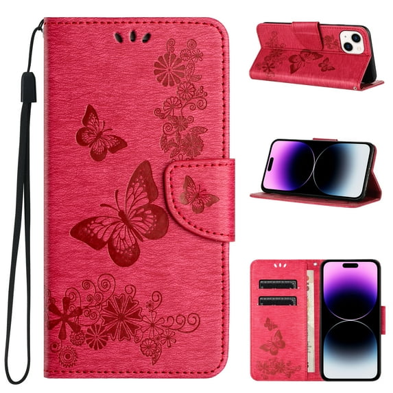 Compatible With iPhone 15 Wallet Case Full Coverage 360° Protection Dustproof Card Pocket Kickstand Butterfly Pattern Shockproof Magnetic Closure Luxury Folio Phone Cover,Rose
