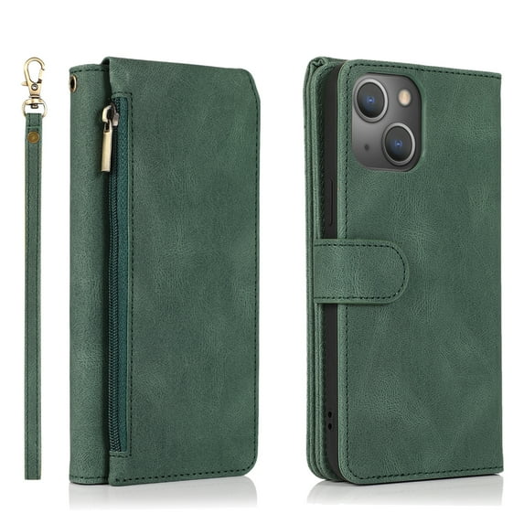 Compatible With iPhone 15 Wallet Case Full Coverage Metal Zipper and Buttons Design Dual Layer Kickstand Card Pocket Slim & Lightweight Shockproof Wrist Strap Phone Case,Darkgreen