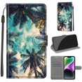 thumbnail image 1 of Compatible with iPhone 15 Wallet Case for Men Women, Premium PU Leather Flip Cover with Card Holder, Wrist Strap, Kickstand Shockproof Magnetic Clasp Phone Case, Coconut Tree, 1 of 8