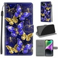 thumbnail image 1 of Compatible with iPhone 15 Wallet Case for Men Women, Premium PU Leather Flip Cover with Card Holder, Wrist Strap, Kickstand Shockproof Magnetic Clasp Phone Case, Golden Blue Butterfly, 1 of 8