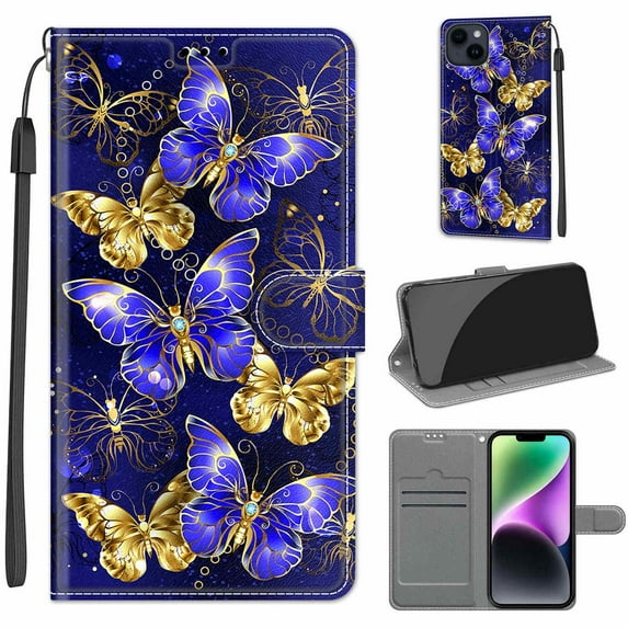 Compatible with iPhone 15 Wallet Case for Men Women, Premium PU Leather Flip Cover with Card Holder, Wrist Strap, Kickstand Shockproof Magnetic Clasp Phone Case, Golden Blue Butterfly
