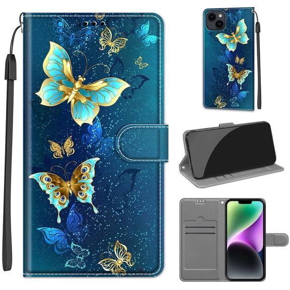 Compatible with iPhone 15 Wallet Case for Men Women, Premium PU Leather Flip Cover with Card Holder, Wrist Strap, Kickstand Shockproof Magnetic Clasp Phone Case, Two Green Butterflies