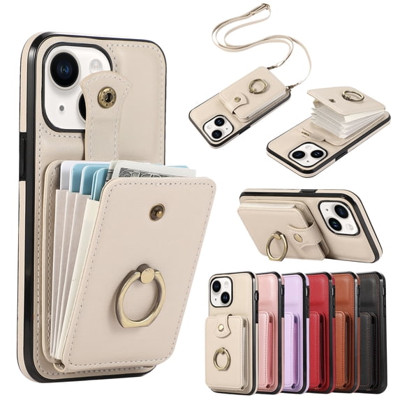 Compatible with iPhone 15 Wallet Case, PU Leather Case with Card Holder, 360° Rotation Ring Kickstand, Shoulder Strap, Magnetic Snap Protective Case Designed for iPhone 15, Beige