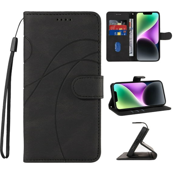 Compatible with iPhone 15 Wallet Case, Protective Vintage Premium PU Leather Flip with Card Holders Kickstand & Wrist Strap Folio Case Cover for Men Women for iPhone 15, Black