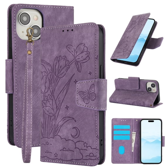 Compatible for iPhone 15 Wallet Case,RFID Block Flip PU Leather Phone Cover with Wrist Supports Wireless Charging with Credit Card Holder Kickstand Heavy Duty Phone Cover,Purple