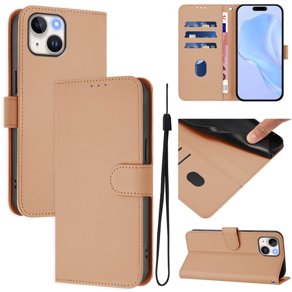 Compatible with iPhone 15 Wallet Case with RFID Blocking Credit Card Holder, PU Leather Folio Flip Kickstand Protective Shockproof Anti-fall Phone Case Cover Women Men,Nude