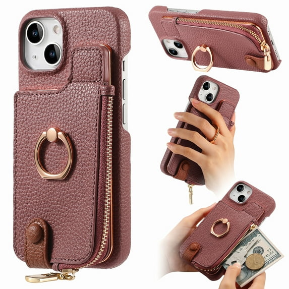 Compatible for iPhone 15 Wallet Case with RFID Blocking, Zipper PU Leather Purse Case Ring Holder Stand with Card Holder, Shockproof Protection Magnetic Car Mount Phone Cover - Purple