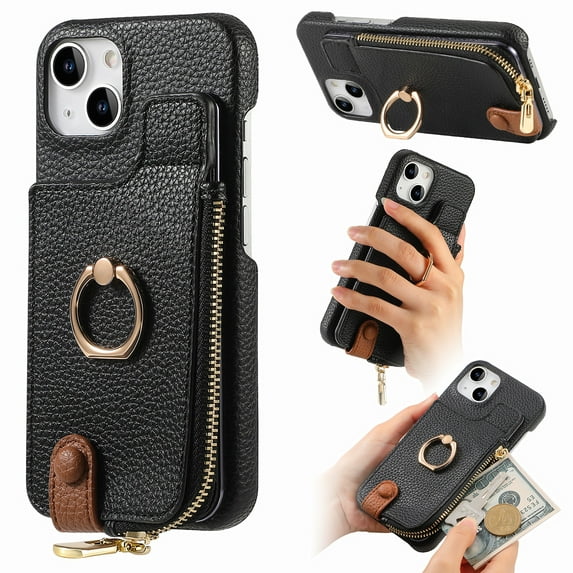 Compatible for iPhone 15 Wallet Case with RFID Blocking, Zipper PU Leather Purse Case Ring Holder Stand with Card Holder, Shockproof Protection Magnetic Car Mount Phone Cover - Black