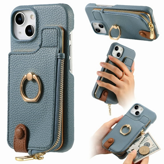 Compatible for iPhone 15 Wallet Case with RFID Blocking, Zipper PU Leather Purse Case Ring Holder Stand with Card Holder, Shockproof Protection Magnetic Car Mount Phone Cover - Blue