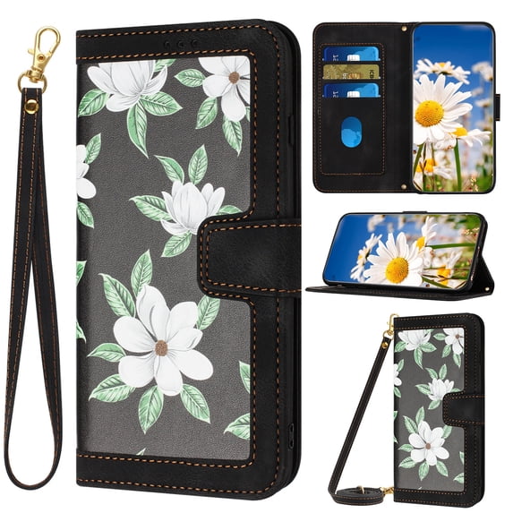 Compatible with iPhone 15 Wallet Case for Women, Flower Pattern PU Leather Flip Cover with Card Holder & Kickstand Protective Phone Case with Lanyard & Crossbody Strap, Black