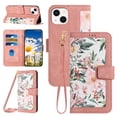 thumbnail image 1 of Compatible with iPhone 15 Wallet Case for Women, Shoulder Strap + Wristband Premium PU Leather Floral Flip Cover with Card Holder Kickstand Feature Protective Purse Case, Pink, 1 of 8