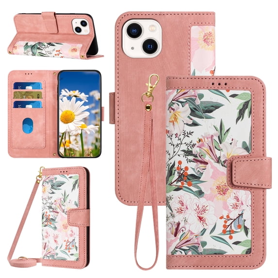 Compatible with iPhone 15 Wallet Case for Women, Shoulder Strap + Wristband Premium PU Leather Floral Flip Cover with Card Holder Kickstand Feature Protective Purse Case, Pink