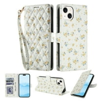 Compatible for iPhone 15 Wallet Case with Wrist Strap, Women Girls Flower Pattern PU Leather Shockproof Protective Folio Cover with Card Holder Kickstand for iPhone 15, Pattern-D