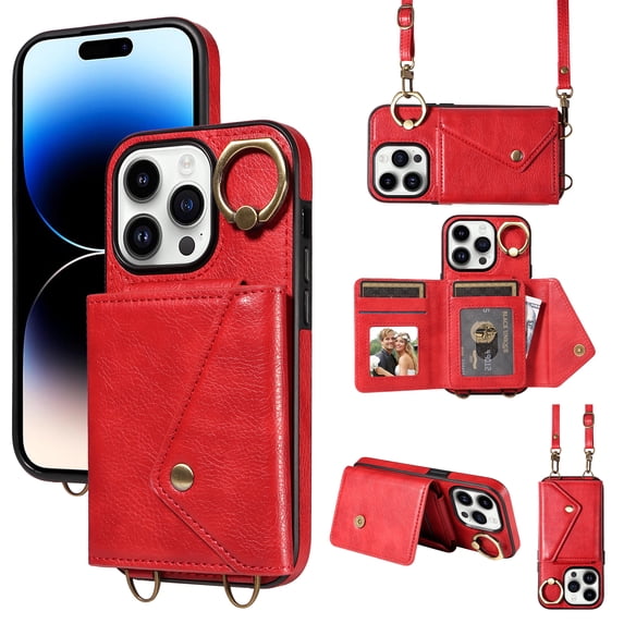 Compatible with iPhone 15 Wallet Cover, with Crossbody Shoulder Strap and Stand PU Leather Credit Card Holder Cell Accessories Phone Cover for iPhone 15 - Red