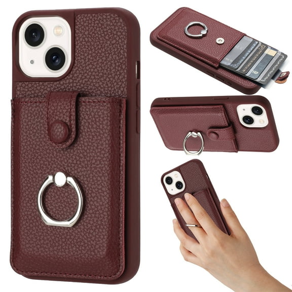 Compatible with iPhone 15 Wallet Phone Case,360°Rotation Finger Ring Holder Kickstand,with Card Holder,Lychee Pattern PU Leather Durable Shockproof Rugged Phone Case,Winered