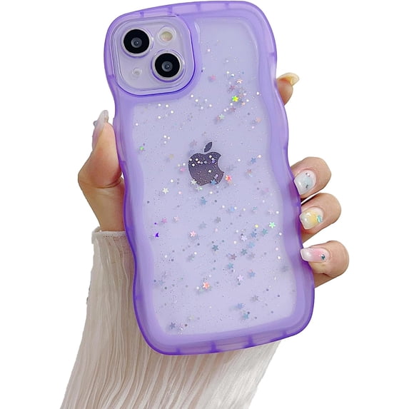 Compatible with iPhone 15 Wavy Edge Shiny Stars Clear Cute Phone Case for Women Girls All-Around Soft TPU Anti-Collision Anti-Shock Phone Case for iPhone 15-Purple