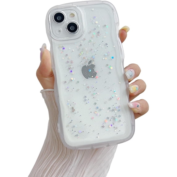 Compatible with iPhone 15 Wavy Edge Shiny Stars Clear Cute Phone Case for Women Girls All-Around Soft TPU Anti-Collision Anti-Shock Transparent Phone Case for iPhone 15-Clear